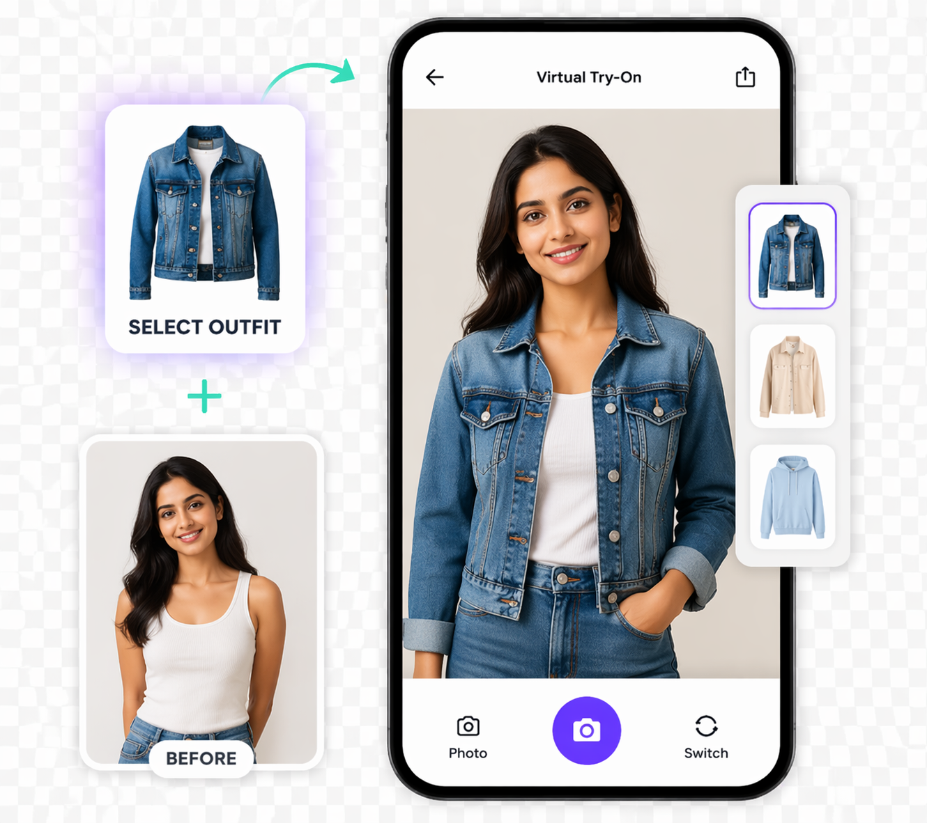 Virtual try-on: choose an outfit, add a before photo, preview the try-on result in the app